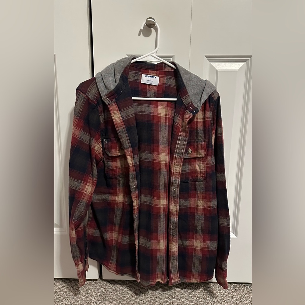 Red and navy flannel with attached hood.